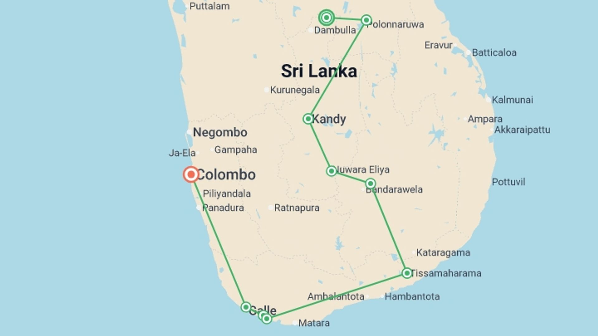 A map showing the tour itinerary for the trip: Cycle the Back Roads of Sri Lanka, starting in Sigiriya, Sri Lanka and ending in Colombo, Sri Lanka going through 7 other destinations.
