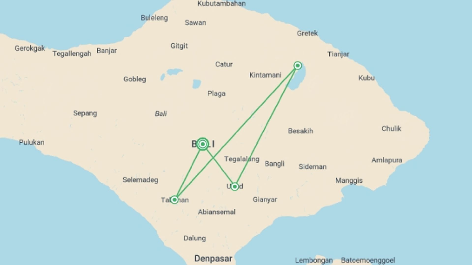 A map showing the tour itinerary for the trip: Bali Cross Country: 3 Days, starting in Bali, Indonesia and ending in Bali, Indonesia going through 2 other destinations.