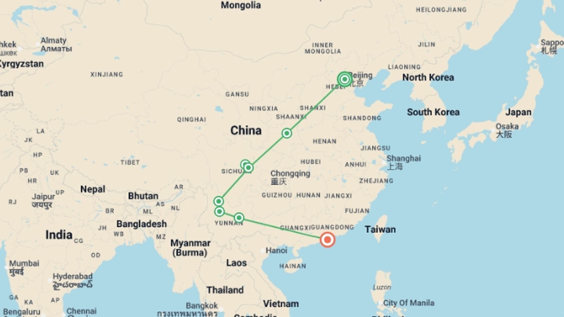 A map showing the tour itinerary for the trip: Beijing, Chengdu, Lijiang & Dali (4-5 Star) - 14 days, starting in Beijing, China and ending in Hong Kong, Hong Kong going through 5 other destinations.