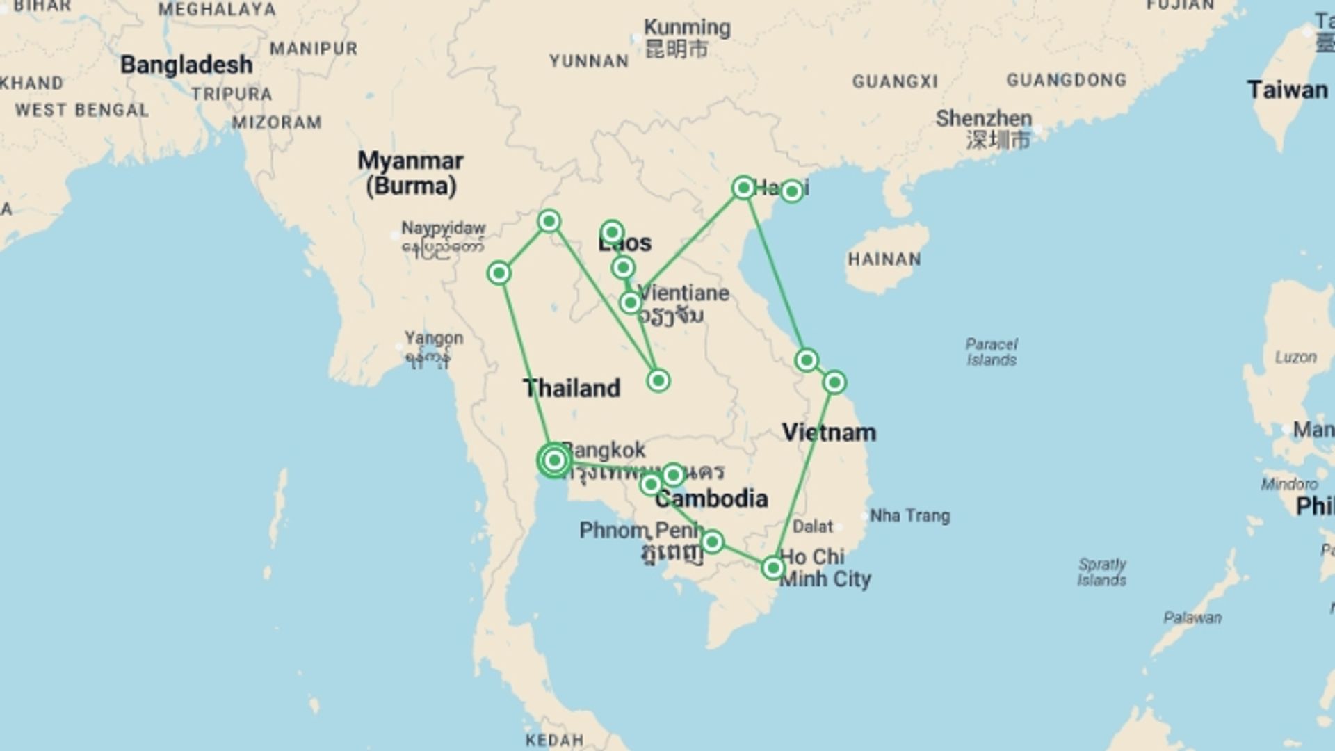 A map showing the tour itinerary for the trip: South East Asia Loop, starting in Bangkok, Thailand and ending in Bangkok, Thailand going through 14 other destinations.