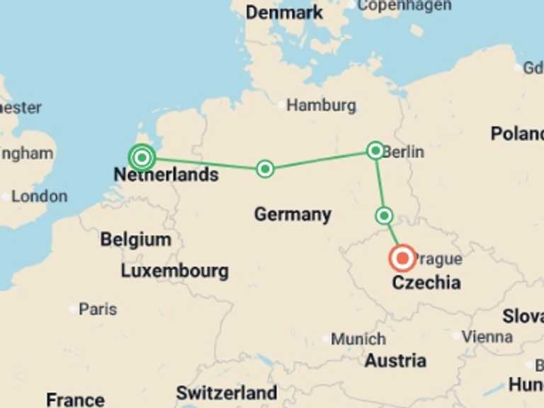 Map of 7-Day Berlin Tour with 3 destination visits for the trip: Amsterdam, Berlin and Prague