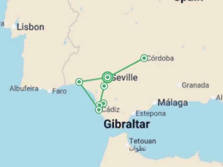 Map itinerary of France Tour in May 2026 with 5 destination visits for the trip: Discover Andalusia in Seville, Follow the Footsteps of Columbus in Huelva, and Fall Under the Spell of Cádiz (port-to-port cruise)