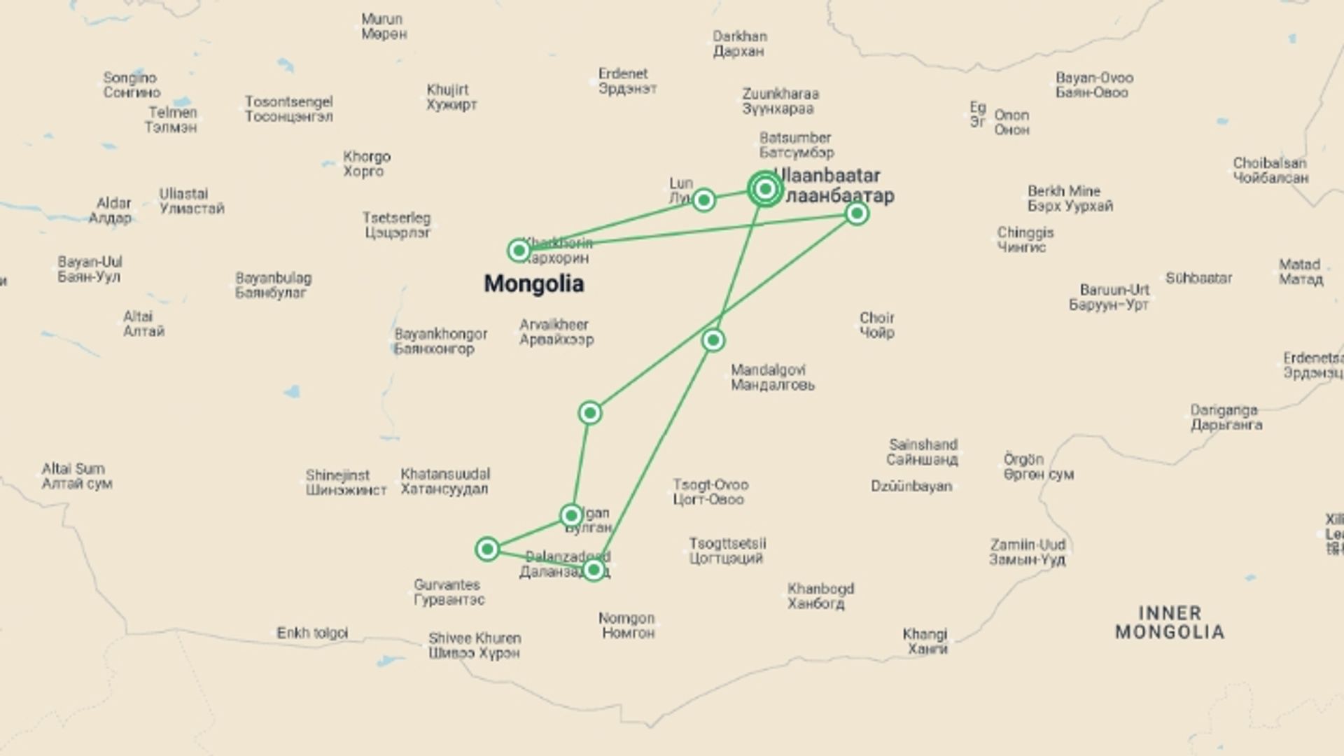 A map showing the tour itinerary for the trip: Mongolia Encompassed: Naadam Festival, starting in Ulaanbaatar, Mongolia and ending in Ulaanbaatar, Mongolia going through 8 other destinations.