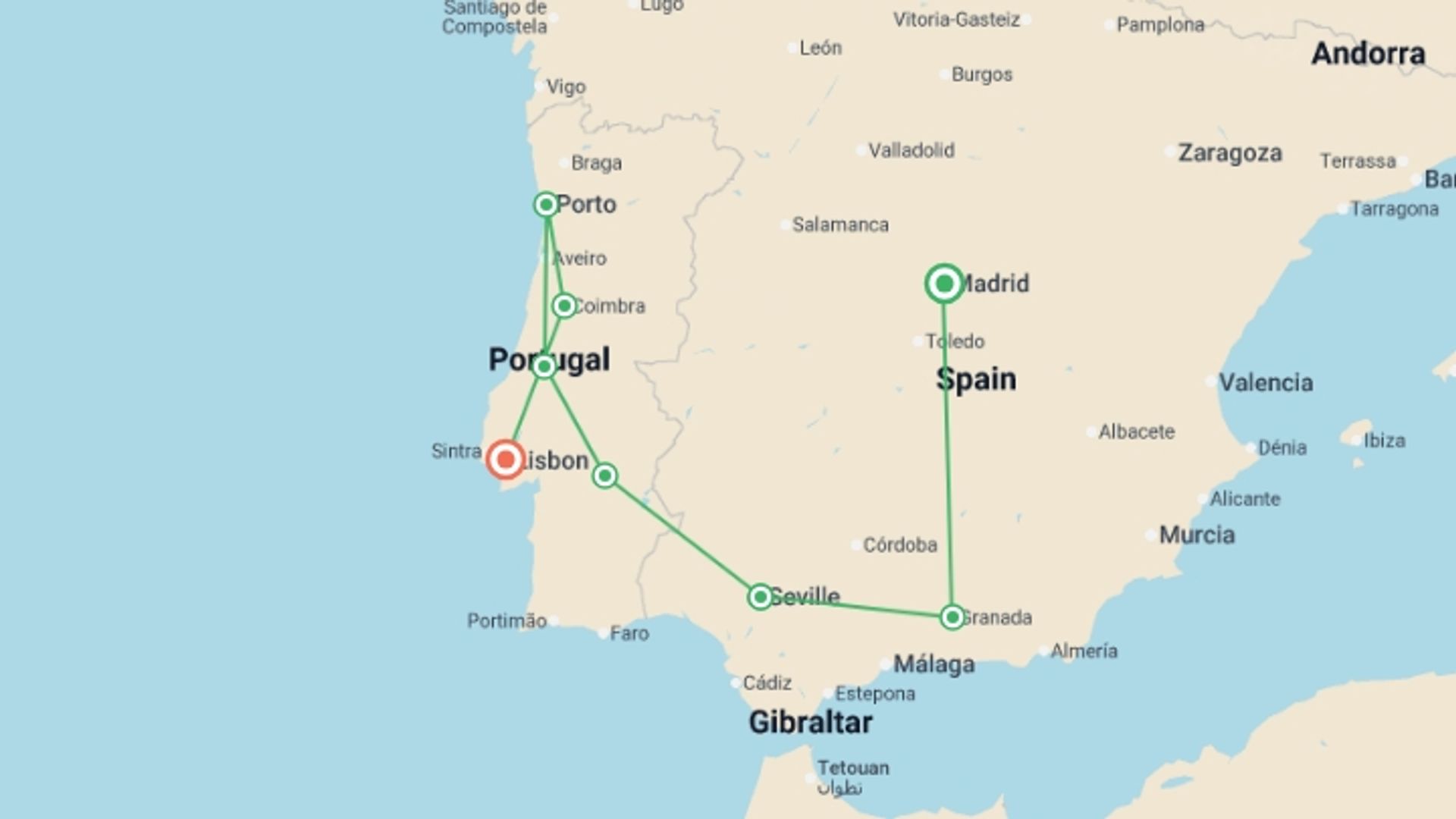A map showing the tour itinerary for the trip: Andalusia and Portugal completely, starting in Madrid, Spain and ending in Lisbon, Portugal going through 6 other destinations.