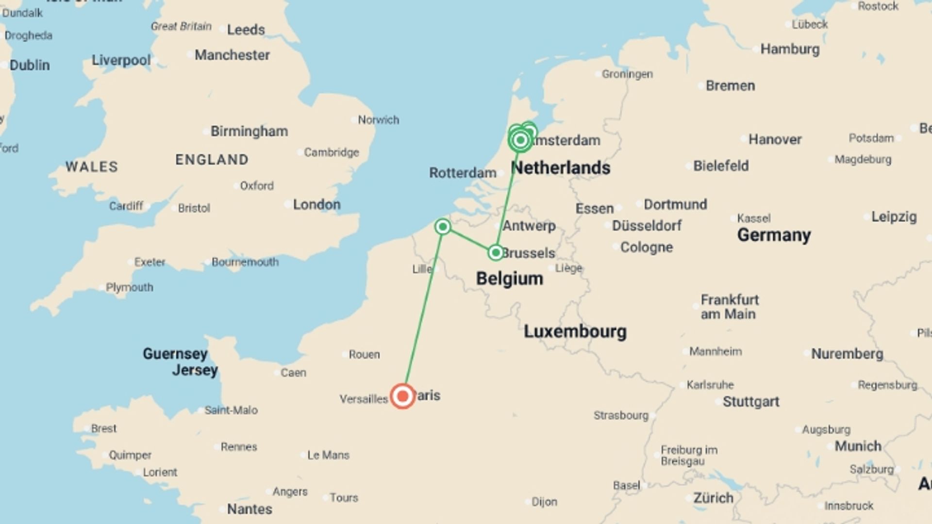 A map showing the tour itinerary for the trip: Amazing Amsterdam, Brussels and Paris, starting in Amsterdam, Holland and ending in Paris, France going through 0 other destinations.