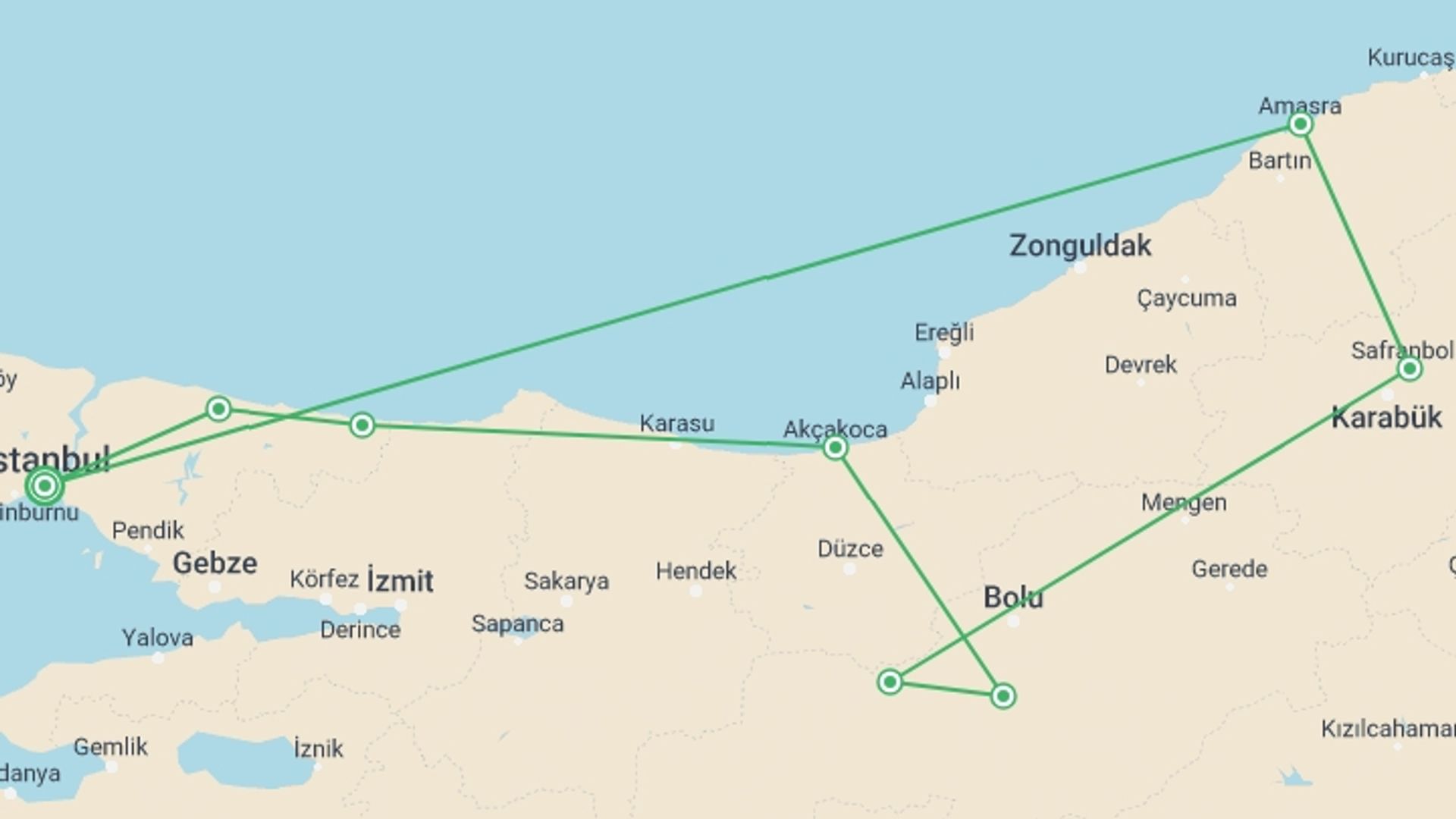 A map showing the tour itinerary for the trip: West Black Sea Tour, starting in Istanbul, Turkey and ending in Istanbul, Turkey going through 6 other destinations.
