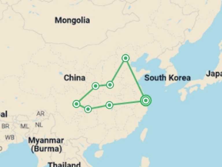 Map of China Tour with 6 destination visits for the trip: Shanghai & Yangtze Cruise - 16 days
