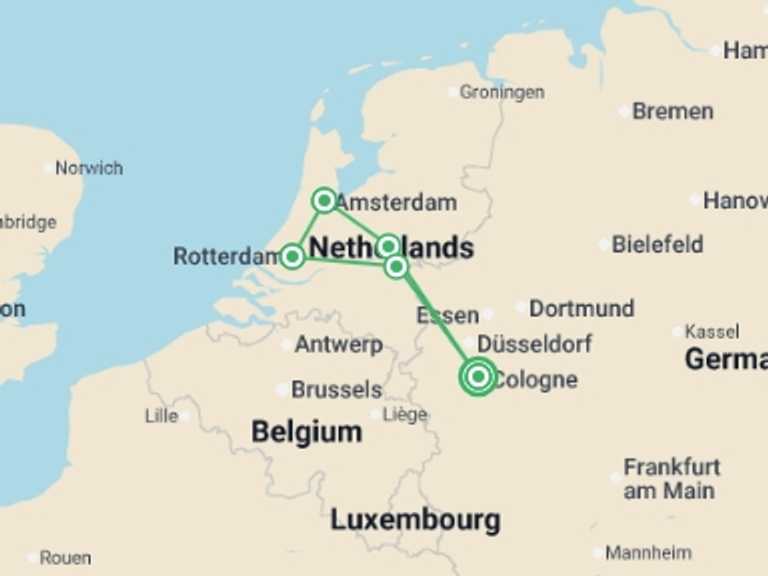 Map itinerary of Holland Tour in April 2027 with 4 destination visits for the trip: Magical Rhine Tulip Cruise
