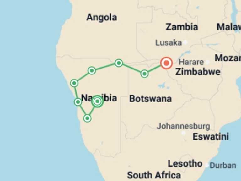 Map of Namibia and Zimbabwe Tour with 8 destination visits for the trip: Namibia, Botswana and Falls - 14 days