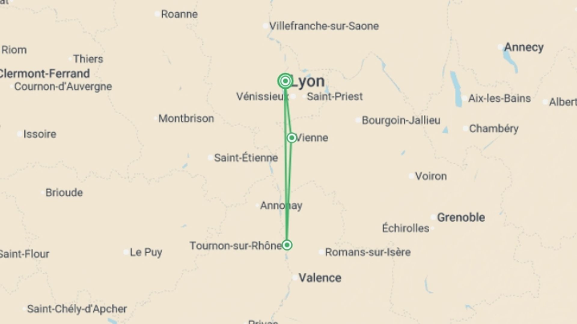 A map showing the tour itinerary for the trip: Rhône River Cruise: Between Terroir, History and Local Traditions. (Port to port), starting in Lyon, France and ending in Lyon, France going through 2 other destinations.