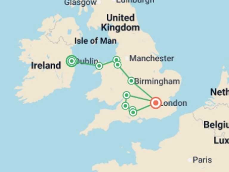Map itinerary of London Tour in Spring with 5 destination visits for the trip: From Dublin to Southern England