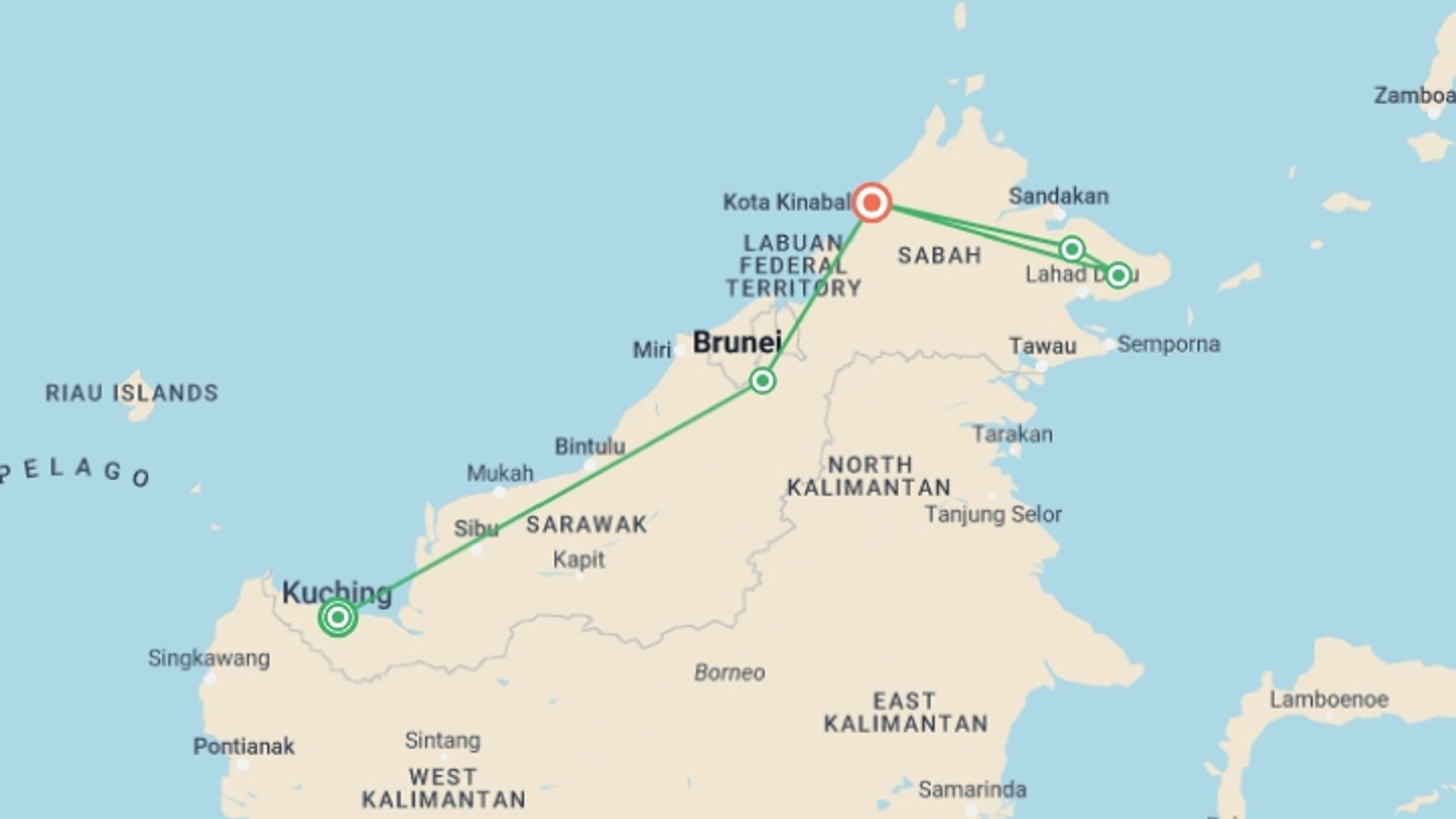 A map showing the tour itinerary for the trip: Journeys: Best of Borneo, starting in Kuching, Malaysia and ending in Kota Kinabalu, Malaysia going through 3 other destinations.