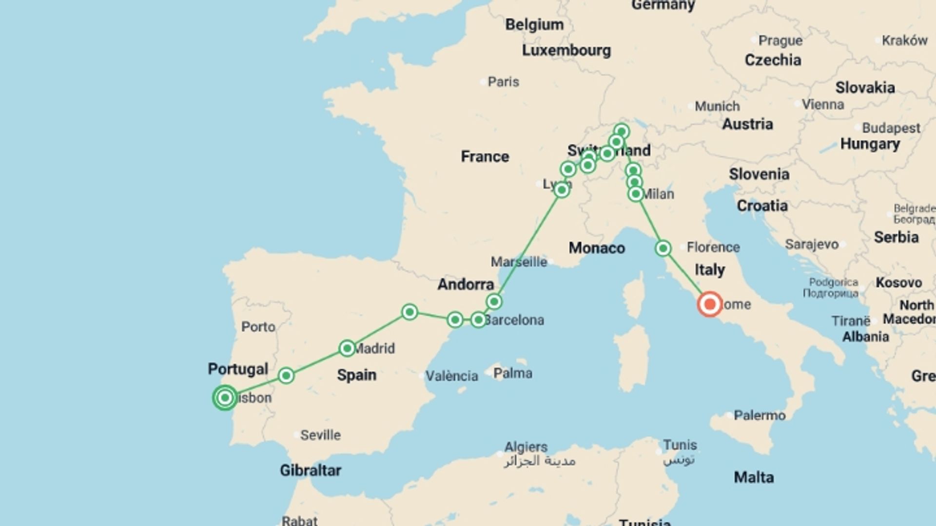 A map showing the tour itinerary for the trip: Lisbon to Rome, starting in Lisbon, Portugal and ending in Rome, Italy going through 7 other destinations.
