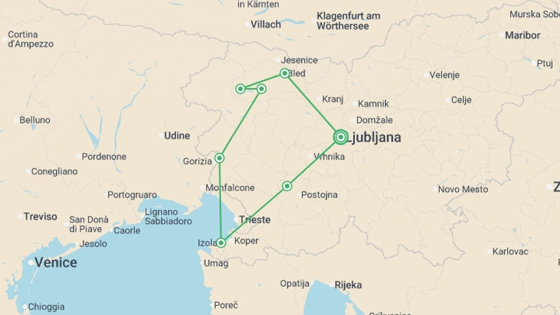 A map showing the tour itinerary for the trip: Alpine Lakes of Slovenia, starting in Ljubljana, Slovenia and ending in Ljubljana, Slovenia going through 6 other destinations.