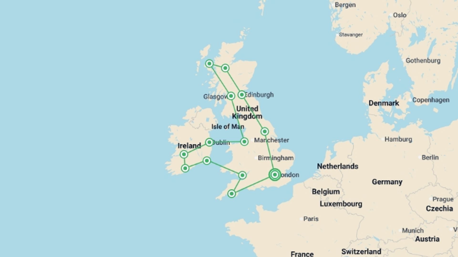A map showing the tour itinerary for the trip: Britain and Ireland Panorama, starting in London, England and ending in London, England going through 12 other destinations.