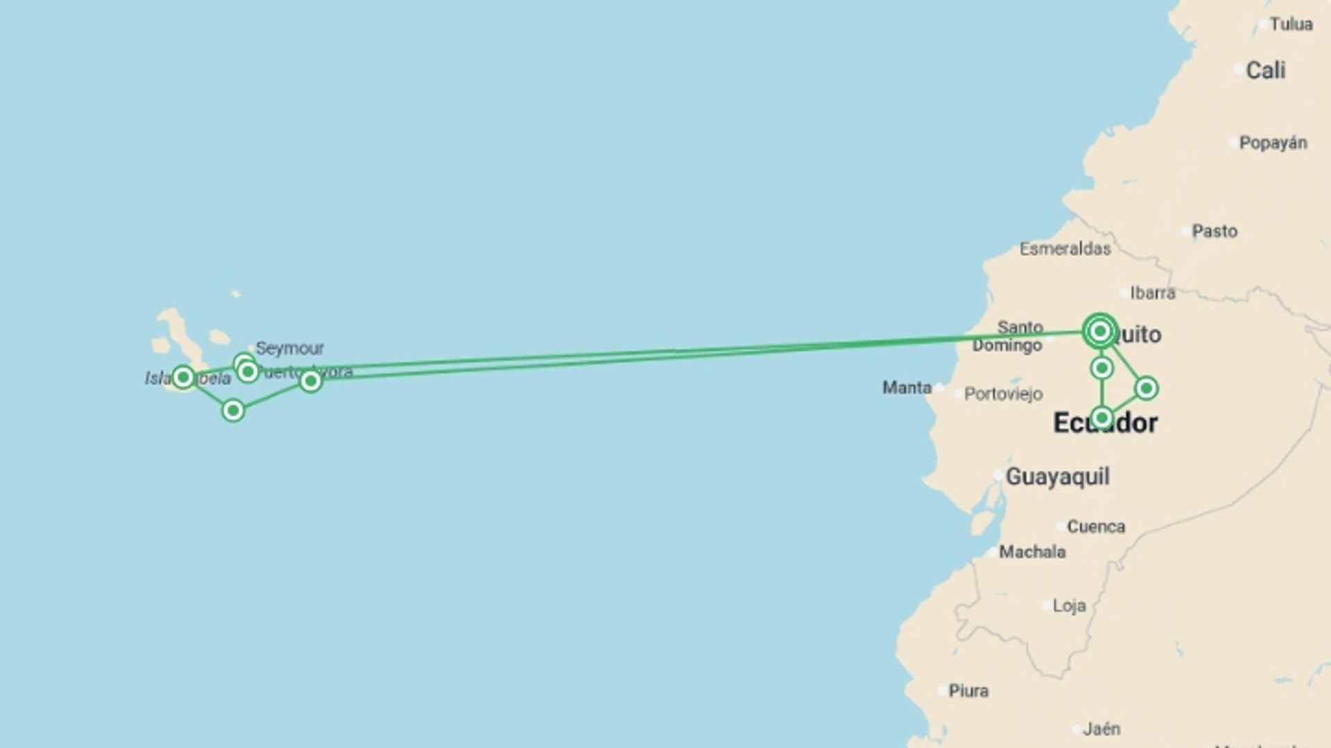 A map showing the tour itinerary for the trip: Solo-ish Ecuador & Galapagos, starting in Quito, Ecuador and ending in Quito, Ecuador going through 6 other destinations.