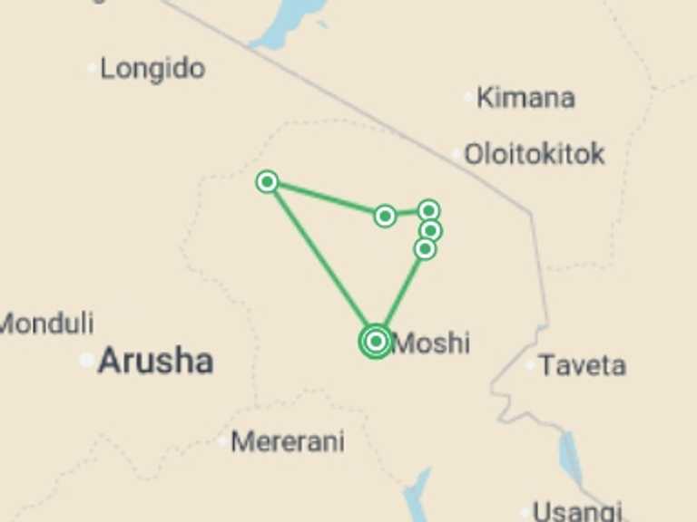 Map itinerary of Africa Tour in September 2026 with 6 destination visits for the trip: Kilimanjaro - Rongai Trek