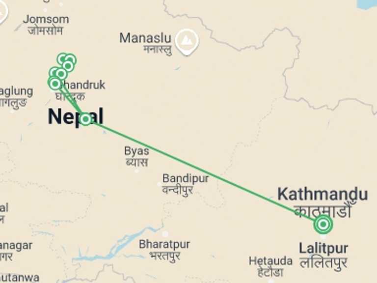 Map of 15-Day Kathmandu Tour with 9 destination visits for the trip: Annapurna Sanctuary Trek