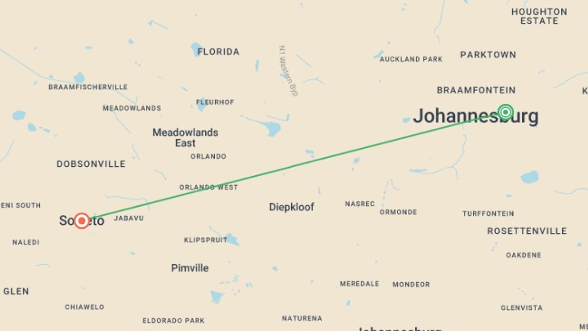 A map showing the tour itinerary for the trip: Soweto Kids Voluntour 17D/16N, starting in Johannesburg, South Africa and ending in Soweto, South Africa going through 0 other destinations.