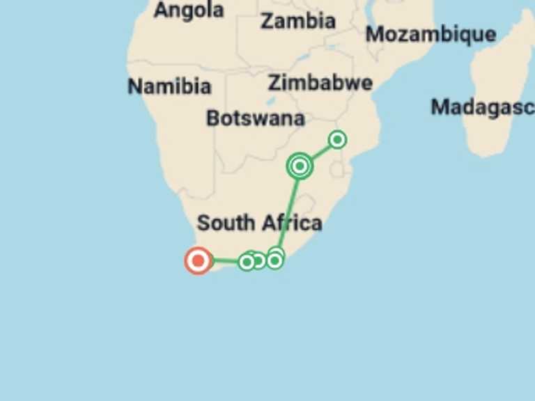 Map of South Africa Tour with 9 destination visits for the trip: Highlights of South Africa