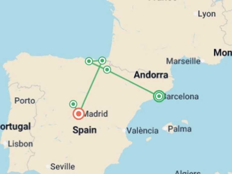 Map itinerary of Europe Tour in June 2026 with 6 destination visits for the trip: Easy Pace Spain