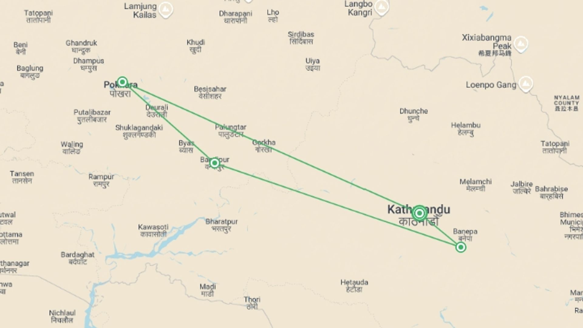 A map showing the tour itinerary for the trip: Nepal: Mountains and Temples, starting in Kathmandu, Nepal and ending in Kathmandu, Nepal going through 3 other destinations.