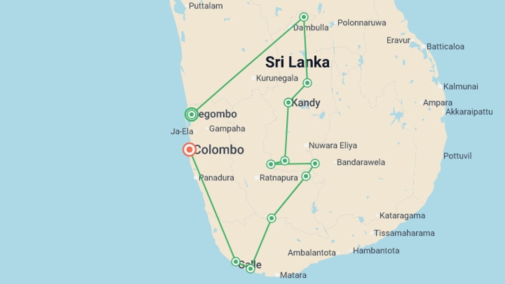 A map showing the tour itinerary for the trip: Walking in Sri Lanka, starting in Negombo, Sri Lanka and ending in Colombo, Sri Lanka going through 9 other destinations.