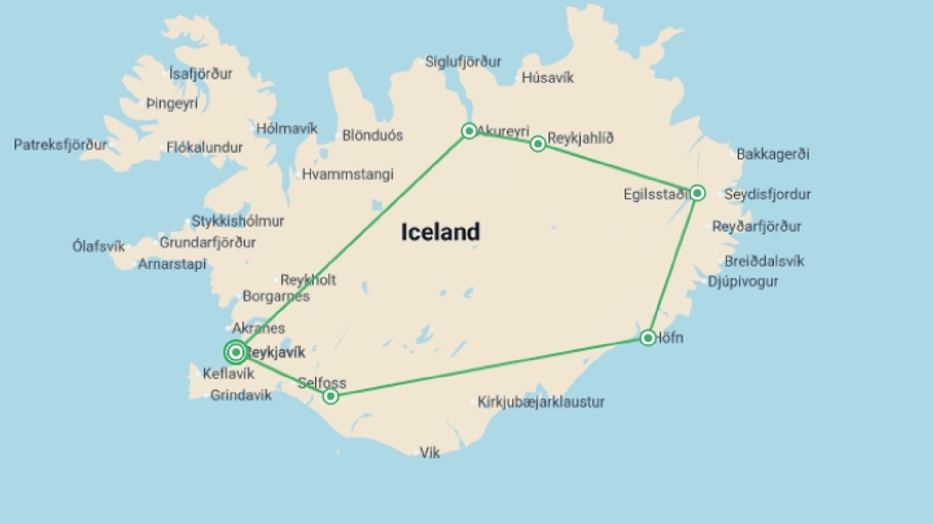 A map showing the tour itinerary for the trip: Iceland Circle Winter, starting in Reykjavik, Iceland and ending in Reykjavik, Iceland going through 5 other destinations.