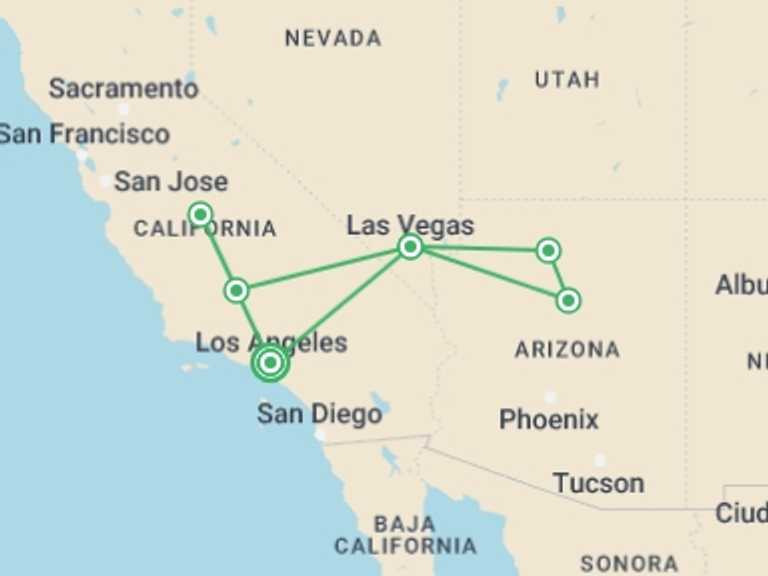 Map itinerary of Los Angeles Tour in December 2025 with 5 destination visits for the trip: Los Angeles, Las Vegas with National Parks