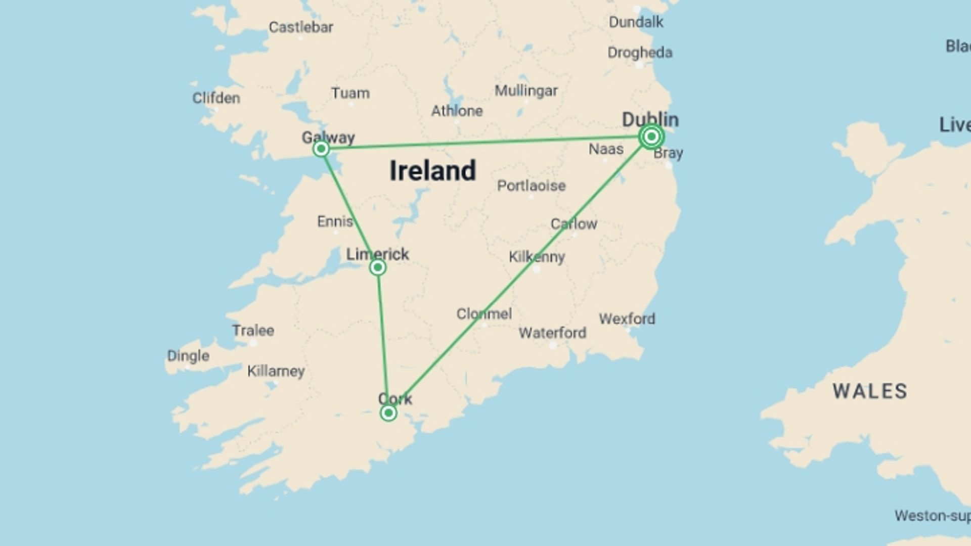 A map showing the tour itinerary for the trip: Highlights of Ireland, starting in Dublin, Ireland and ending in Dublin, Ireland going through 3 other destinations.