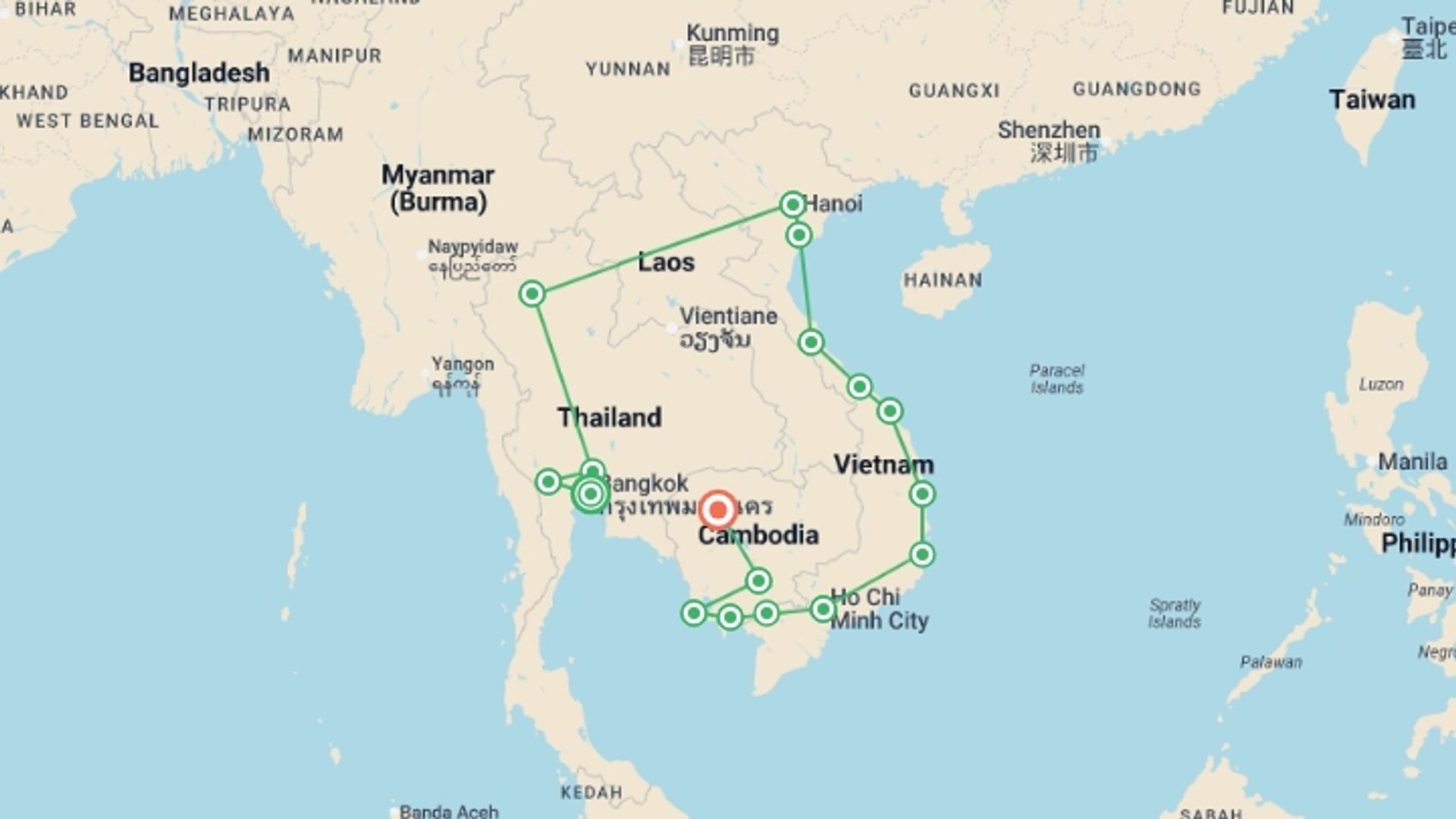 A map showing the tour itinerary for the trip: Ultimate Adventure: Thailand, Vietnam & Cambodia Vibes, starting in Bangkok, Thailand and ending in Siem Reap, Cambodia going through 13 other destinations.