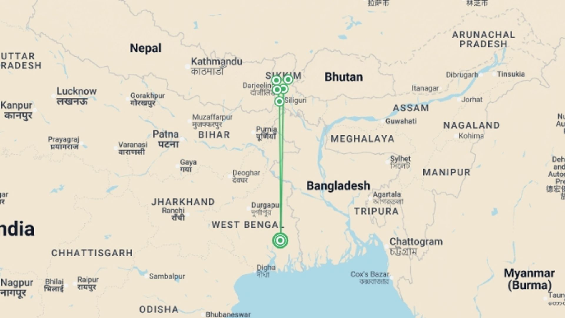 A map showing the tour itinerary for the trip: Kolkata to Darjeeling - 11 days, starting in Kolkata, India and ending in Kolkata, India going through 4 other destinations.