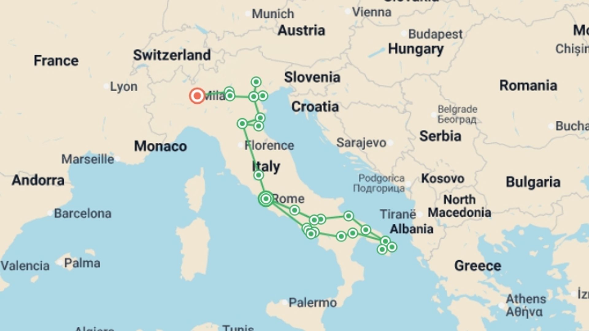 A map showing the tour itinerary for the trip: Best of Italy's North & South - 13 days, starting in Rome, Italy and ending in Milan, Italy going through 6 other destinations.