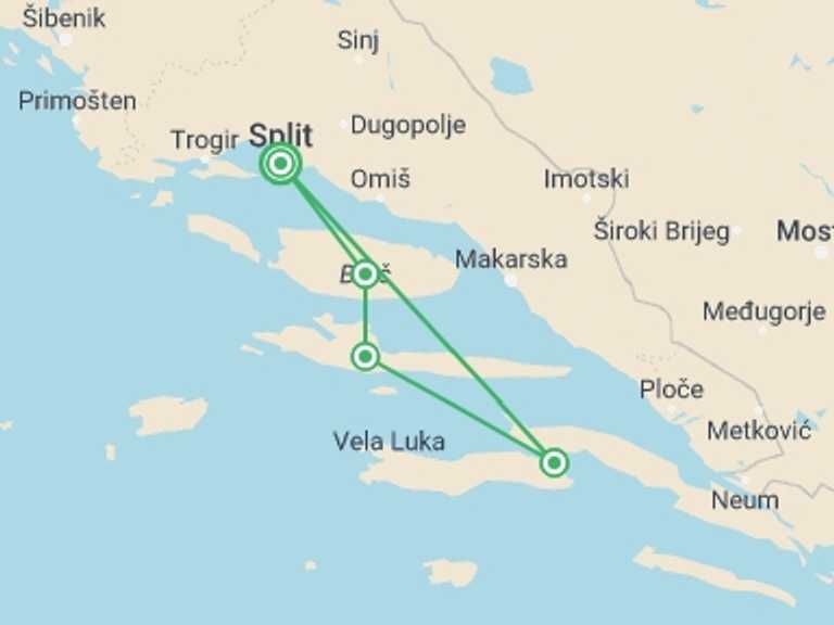 Map of Split Active and outdoor Tour with 4 destination visits for the trip: Croatia Family Island Hopping, 11 Days