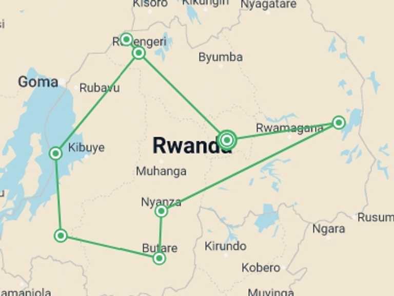 Map itinerary of Kigali Tour in December 2025 with 5 destination visits for the trip: Roaming Rwanda, Option A (on Request)