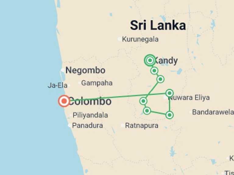 Map itinerary of Sri Lanka Tour in April 2027 with 8 destination visits for the trip: Hike Sri Lanka’s Pekoe Trail