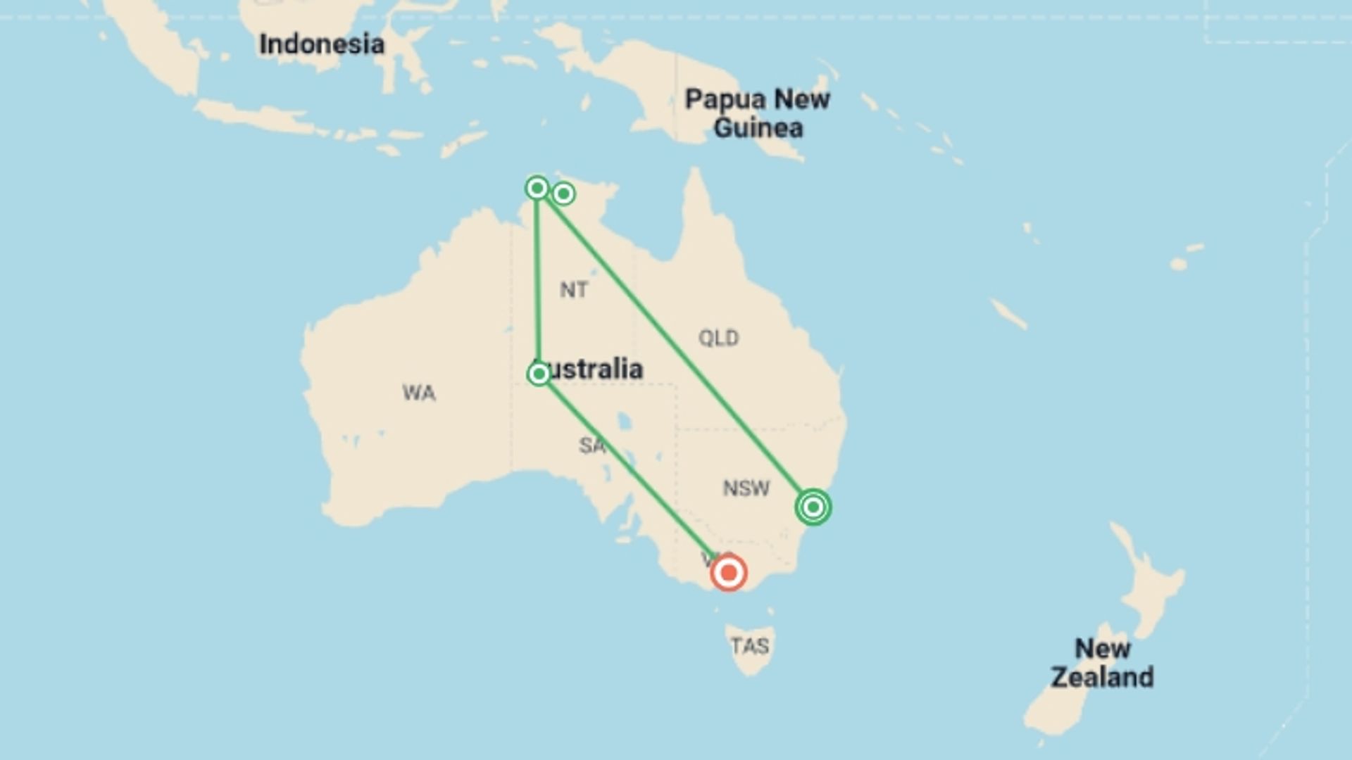 A map showing the tour itinerary for the trip: Amazing Australia, starting in Sydney and NSW, Australia and ending in Melbourne, Australia going through 4 other destinations.