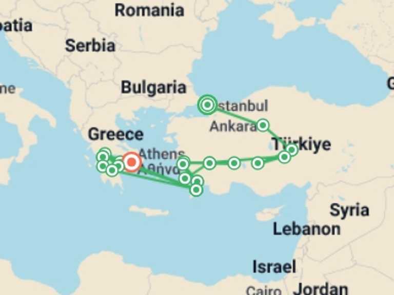 Map of 15-Day Europe Tour with 11 destination visits for the trip: Great Turkey, Rhodes and Peloponnese End Athens