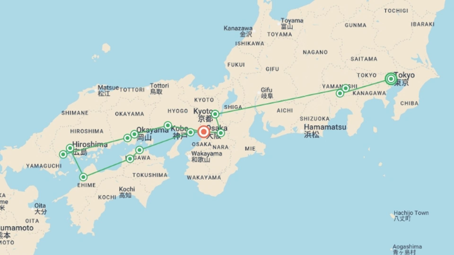 A map showing the tour itinerary for the trip: Magic of Japan, starting in Tokyo, Japan and ending in Osaka, Japan going through 6 other destinations.
