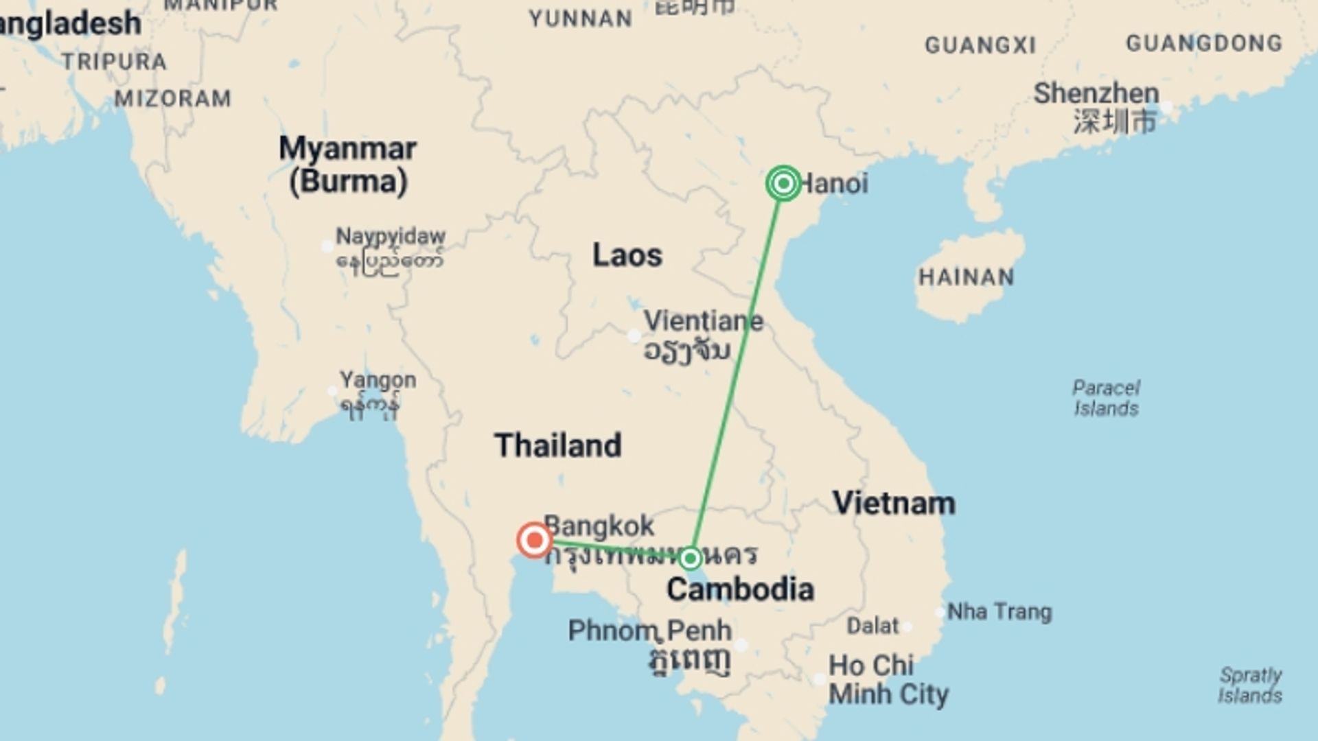A map showing the tour itinerary for the trip: Essential Vietnam Cambodia and Bangkok, starting in Hanoi, Vietnam and ending in Bangkok, Thailand going through 1 other destinations.