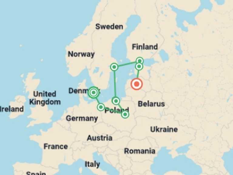 Map of Scandinavia Tour with 9 destination visits for the trip: Nordic Gems and Poland End Riga