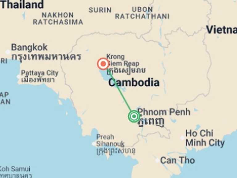 Map itinerary of Asia Tour in October 2026 with 3 destination visits for the trip: Classic Cambodia - 5 days