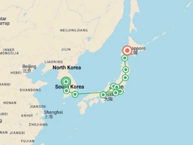 Map of Asia Tour with 12 destination visits for the trip: Scenic Korea and Japan’s Corners, Ending in Sapporo