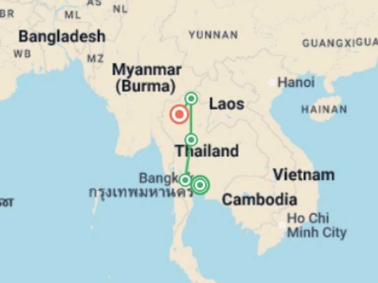 Map of Thailand Tour with 7 destination visits for the trip: Essential Thailand