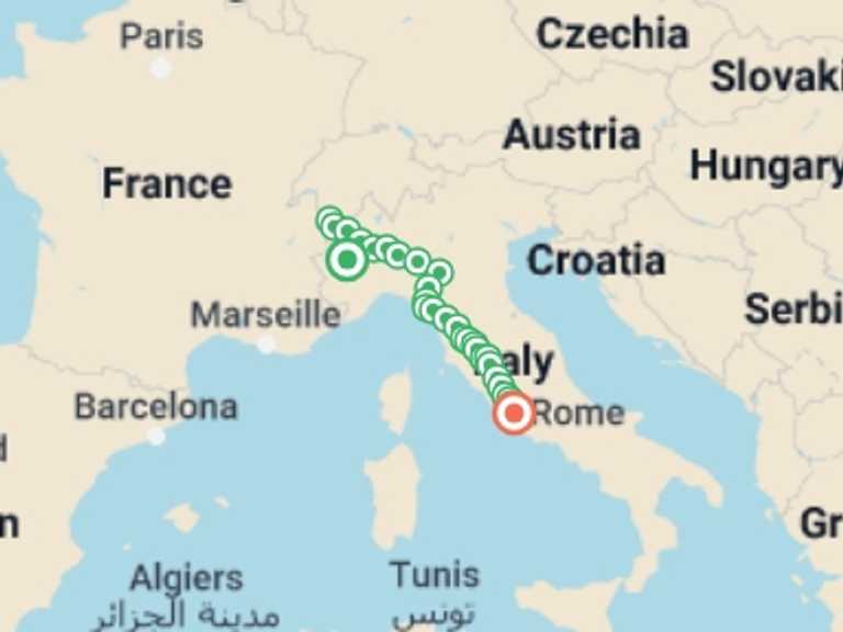 Map of a Bicycle Tour with 26 destination visits for the trip: Cycle the Full Via Francigena - Aosta to Rome