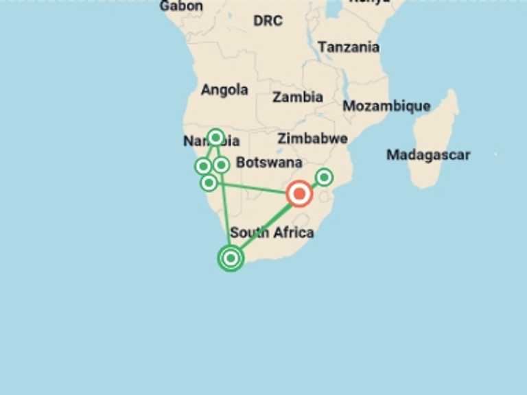 Map itinerary of Windhoek Tour in April 2026 with 7 destination visits for the trip: Namibia & South Africa: Epic Landscapes & Wildlife 
