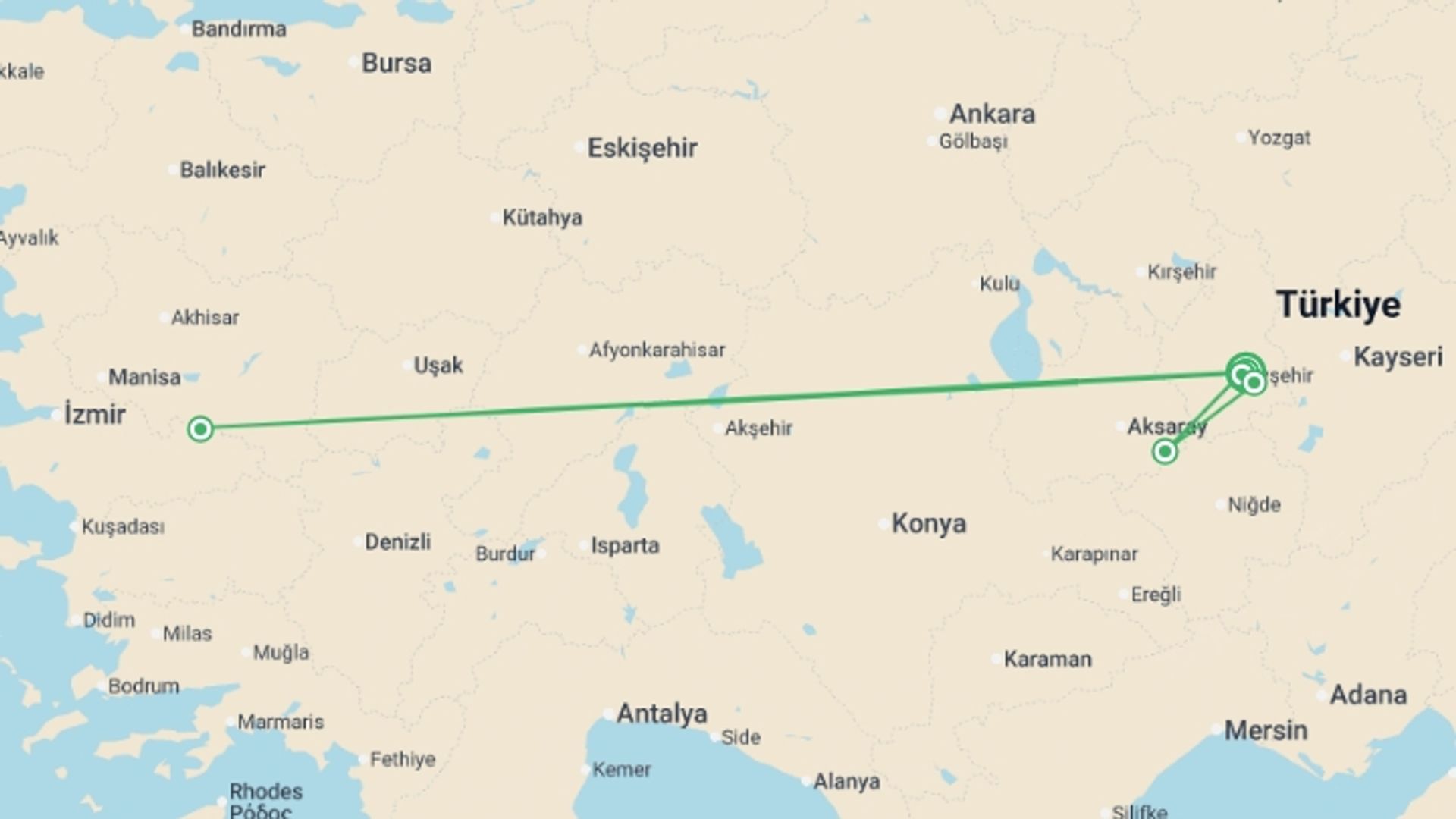 A map showing the tour itinerary for the trip: Walking in Cappadocia, starting in Goreme, Turkey and ending in Goreme, Turkey going through 6 other destinations.