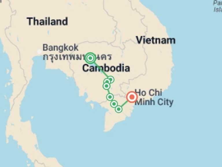 Map of a Sightseeing Tour with 8 destination visits for the trip: Magical Mekong Cruise Downstream
