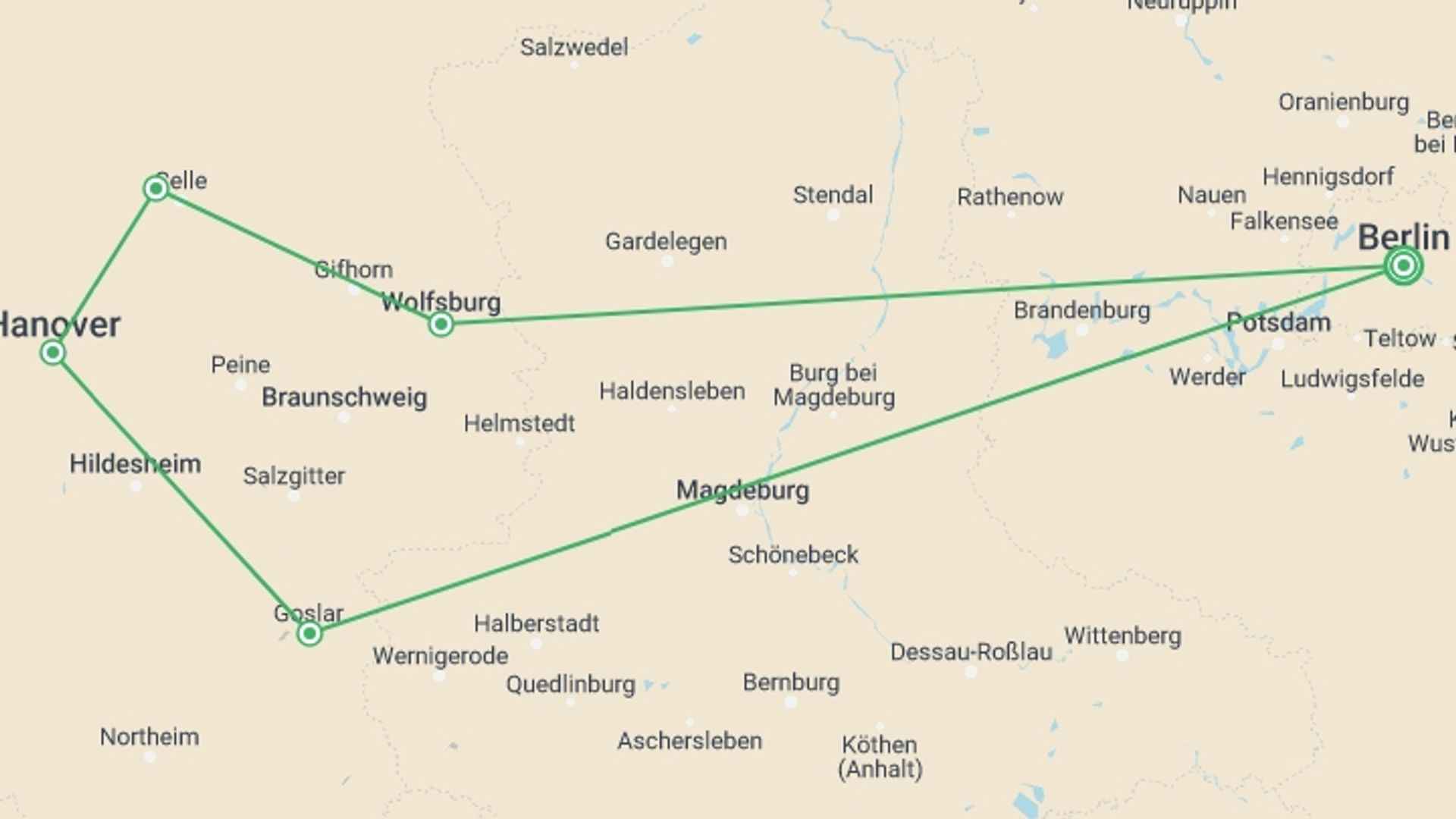 A map showing the tour itinerary for the trip: Northern Germany with Berlin, starting in Berlin, Germany and ending in Berlin, Germany going through 1 other destinations.