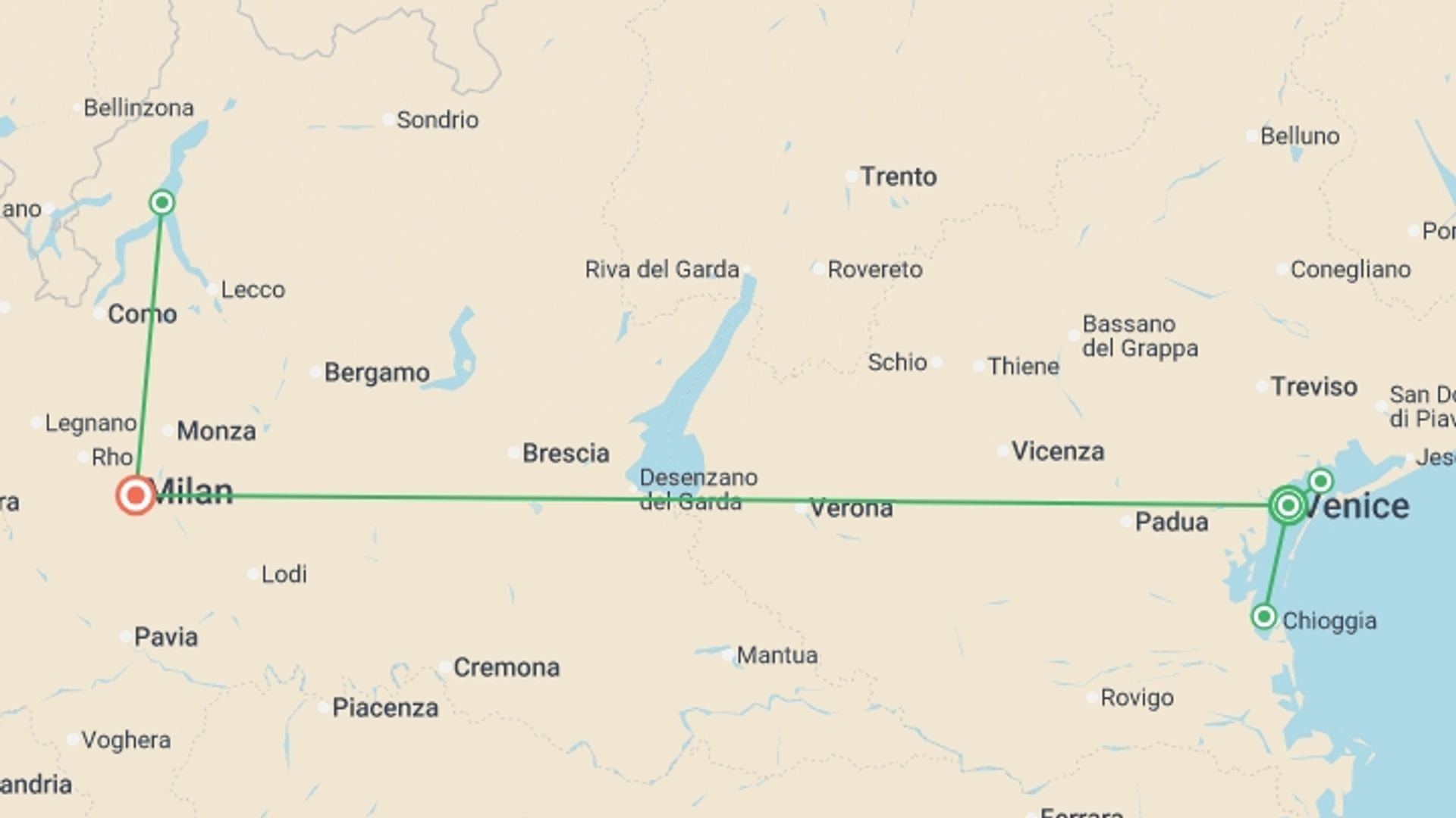 A map showing the tour itinerary for the trip: Venetian Treasures & Milan and Lake Como (port-to-port cruise), starting in Venice, Italy and ending in Milano, Italie going through 3 other destinations.